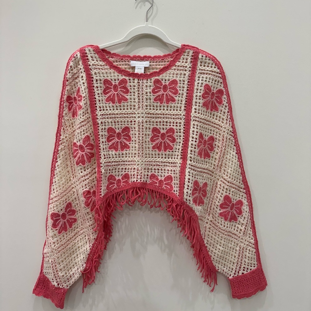 House of Harlow 1960 Pink Crochet Fringe Sweater Top OS Floral Boho NWT
